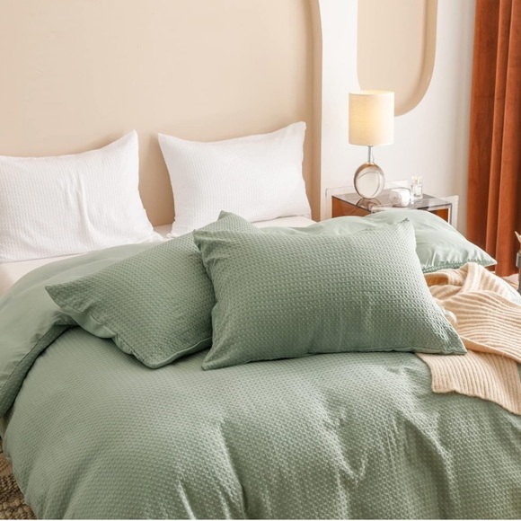 Waffle sage green boho rustic comforter set Queen - Picture 4 of 7